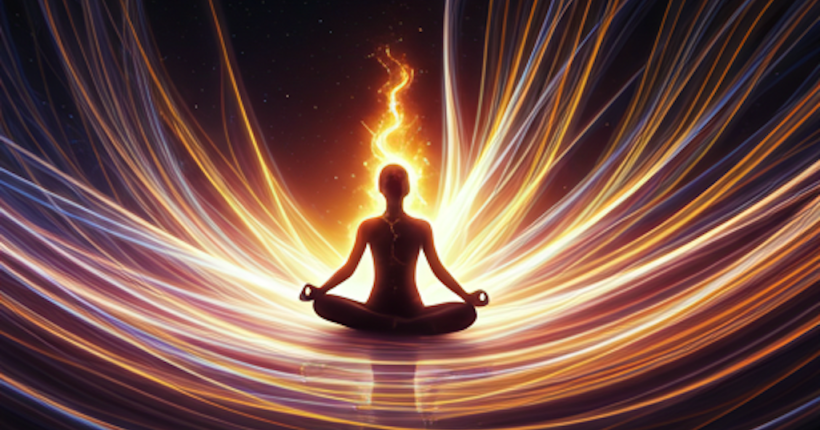 Persona meditando y flujo de energía